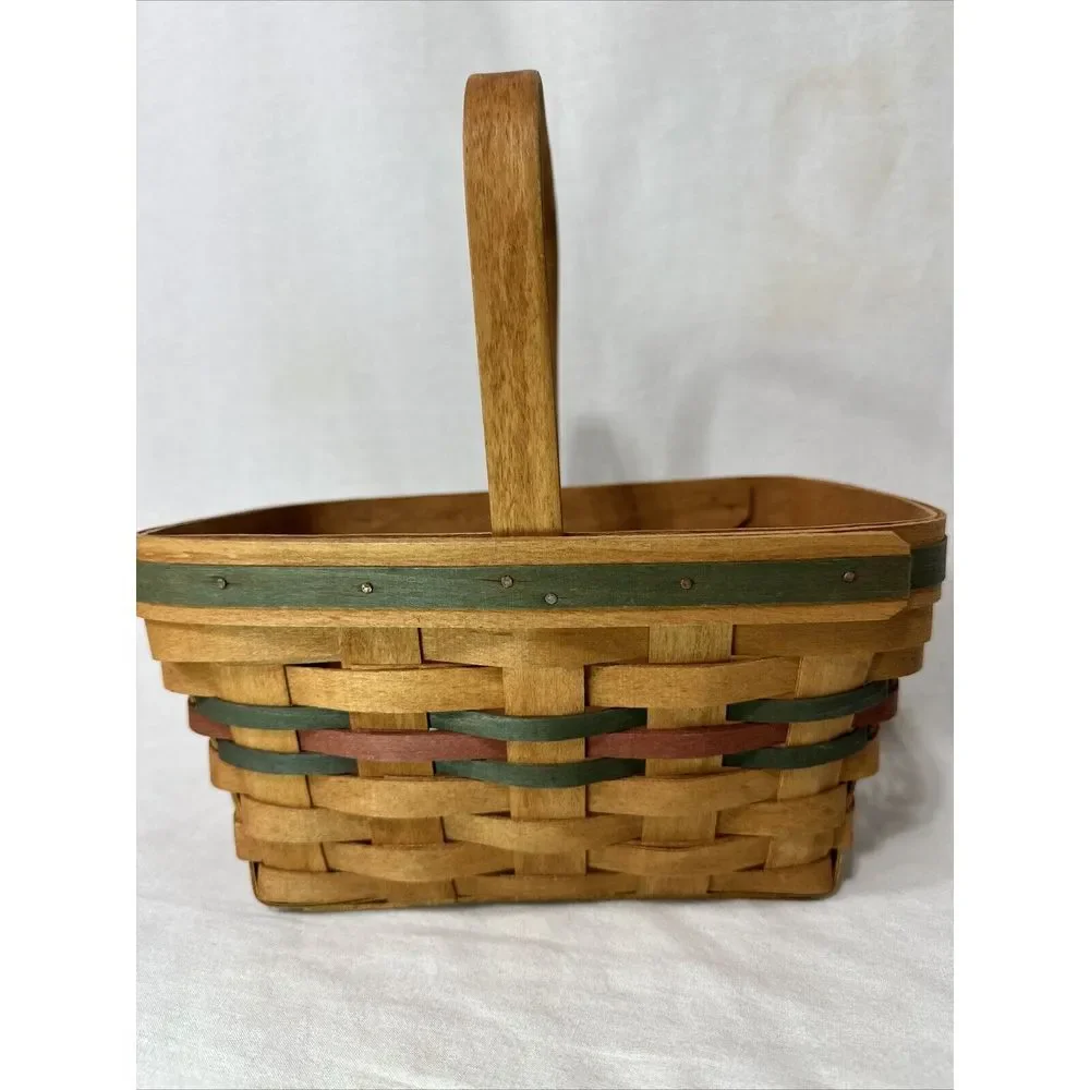 Longaberger Basket Medium with‎ Handle 1990 Signed Green and Red 11x11x8